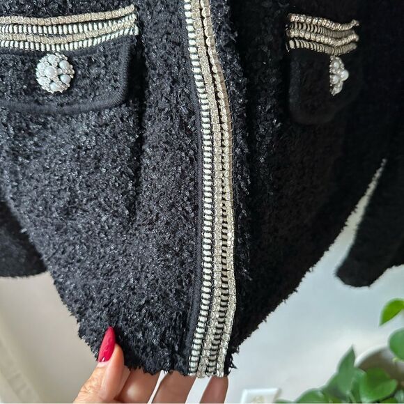 SELF-PORTRAIT Black Tape Knit Crystal-Embellished Bouclé Cardigan - Picture 10 of 13